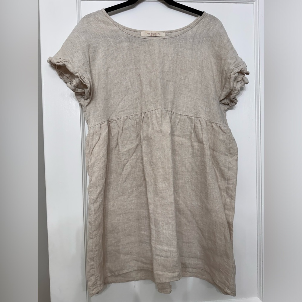 Les soeurs taupe linen ruffle baby doll dress/tunic medium